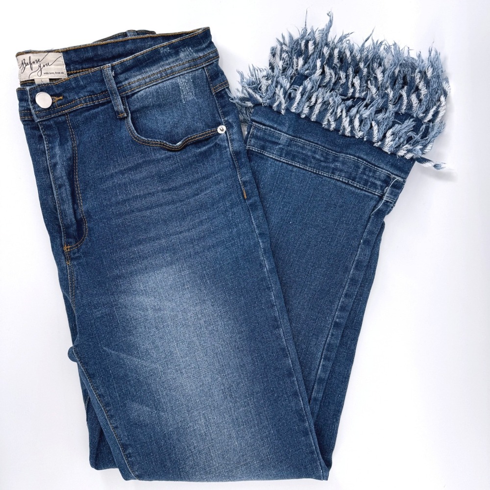 Before You With Love Jeans Large Blue‎ Denim Fringe Hem Straight Leg High Rise